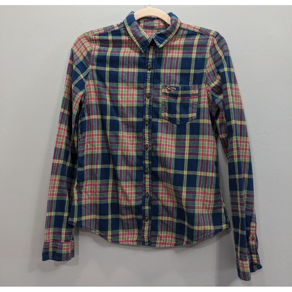 Hollister Button Up Flannel Shirt Women Medium Pink Blue Yellow 90 Grunge Skater